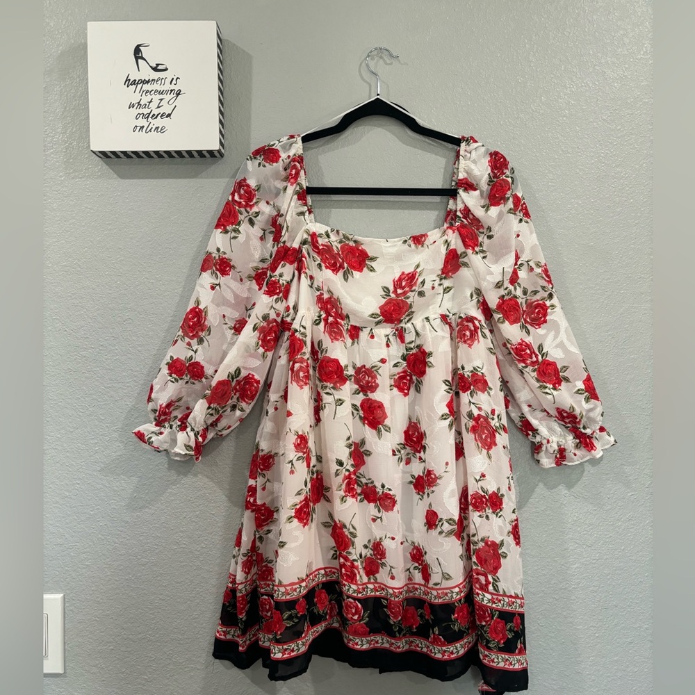Francesca’s Women’s Red Rose 3/4 Sleeve Babydoll Dress
